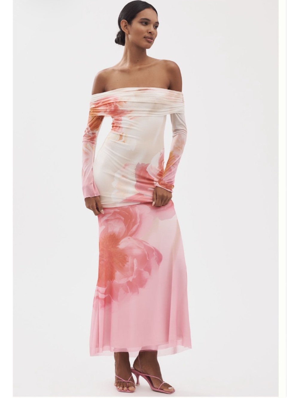 AFRM Off-Shoulder Pink Floral Mesh Dress